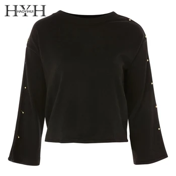 

HYH HAOYIHUI Autumn New In Solid Black Hollow Out Women T-shirts Full Sleeve Button Female Tees Tops Casual Pullovers 2017