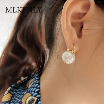

MLKENLY 925 Sterling Silver INS Big Shell Pearl Stud Earrings For Women White Color Simple Round Pearl Earrings For Women Gift