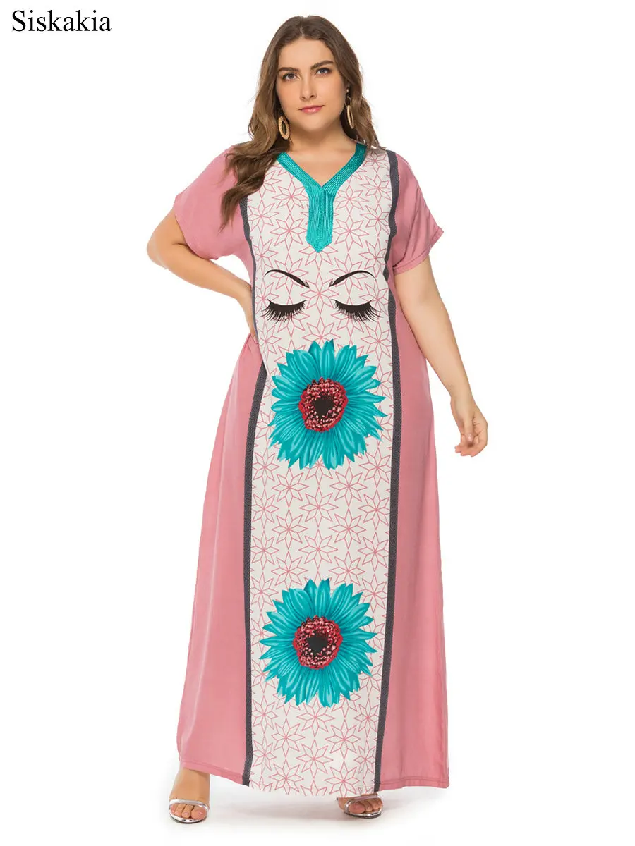 Siskakia Flower Print Plus Size Women Maxi Long Dress Vintage Loose V Neck Short Sleeve Female Dresses Blue Pink Summer 2019 New (3)