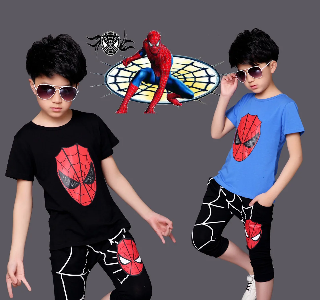 Модная Летняя Детская футболка с человеком-пауком для мальчиков и укороченные штаны комплект из двух предметов, ценный комплект, Детский комплект с человеком-пауком для мальчиков
