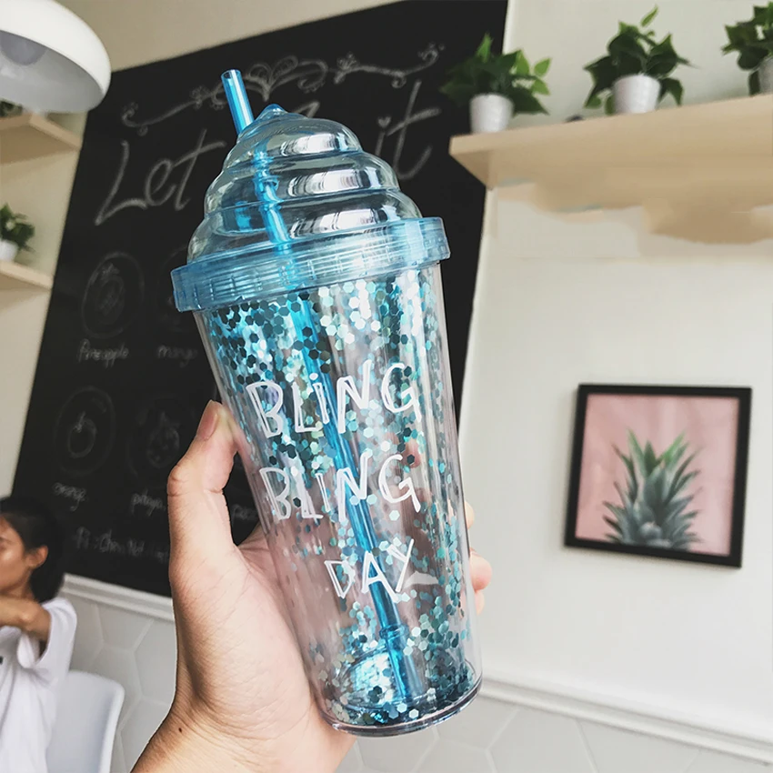 450ML BlingBling Summer Bottle Double Plastic Bottle with a Straw Water