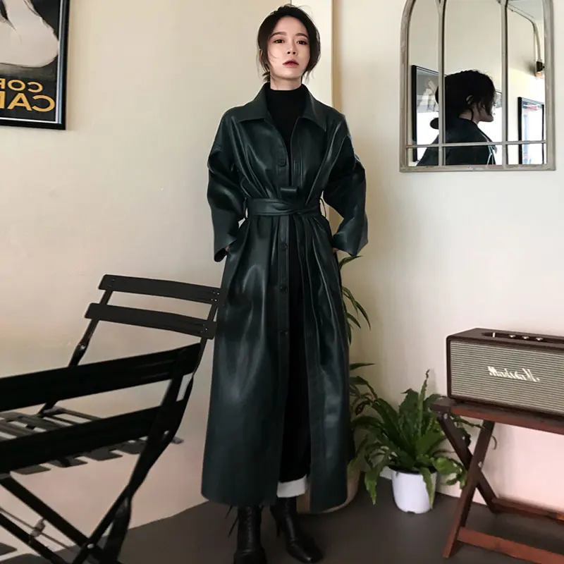 spring autumn Fashion new PU leather windbreaker slim temperament women belted trebch coat