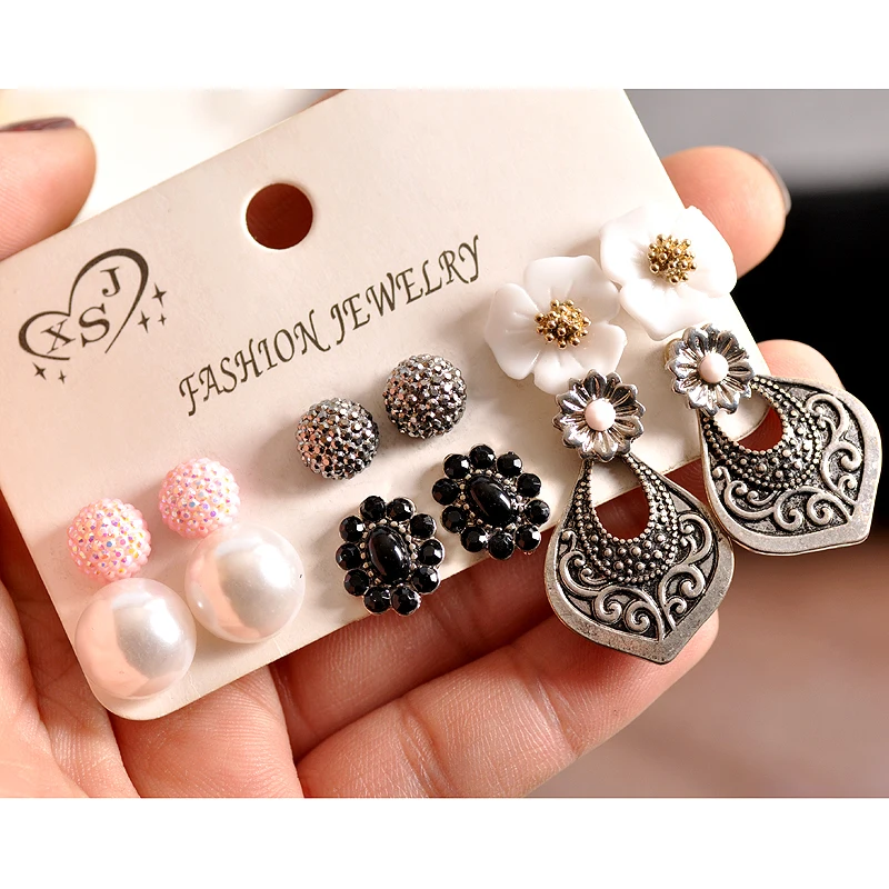 

New fashion women jewelry wholesale girls birthday party pearl earrings gorgeous mix and match 6 pairs /set beautiful earrings