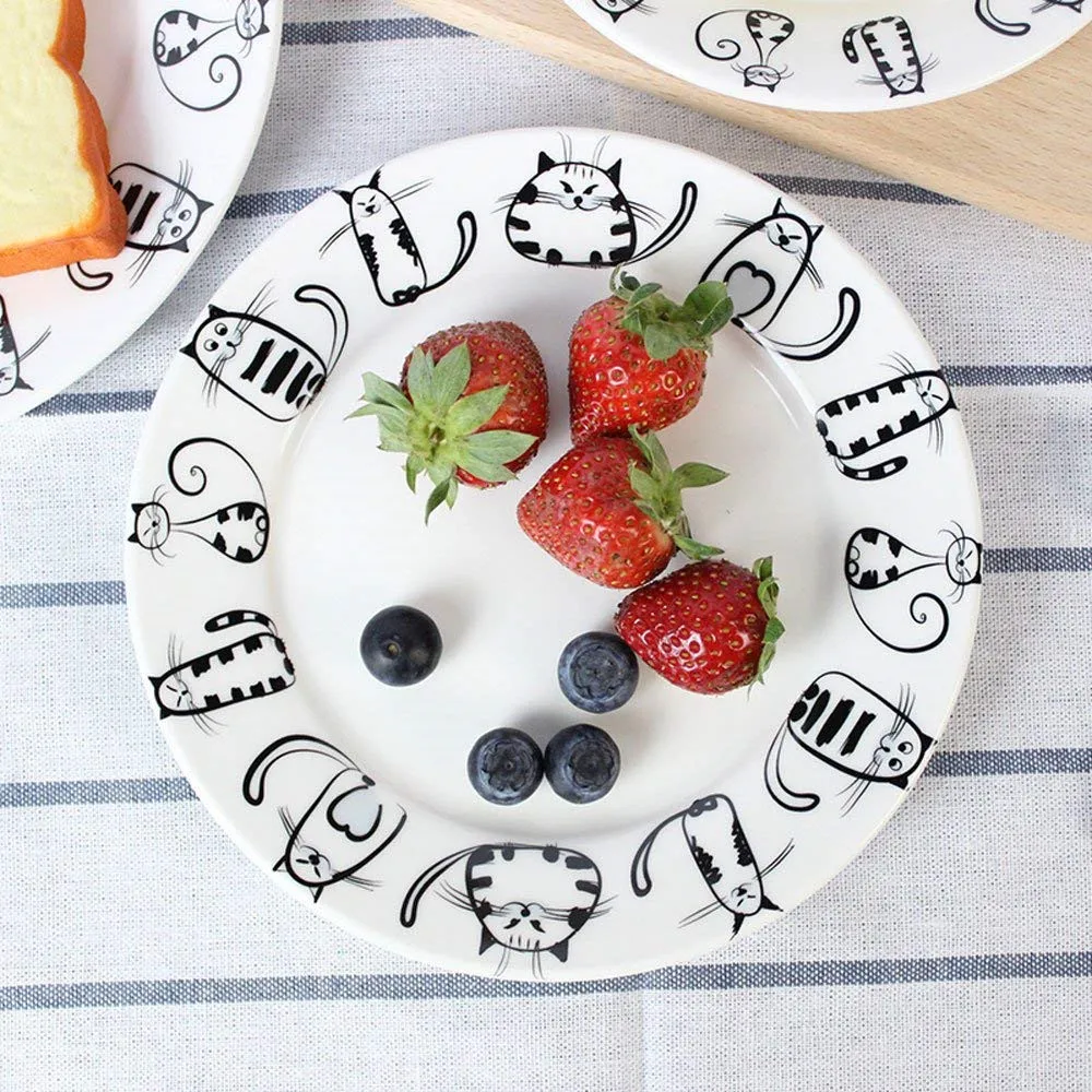 Super Cute Cat Ceramic Plate Dinner Plate Dessert Plate Appetizer Plate Salad Dish Steak Plate Service Plate for Party Kitchen Birthday Wedding Catering Meow Porcelain 7inch5