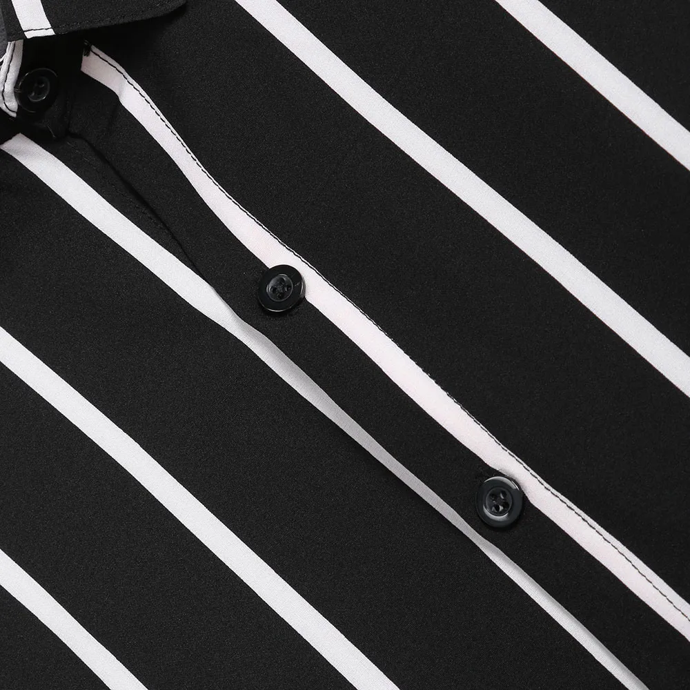 Страуса Мужская мода черная белая полоса свободная рубашка с длинным рукавом лацканы Повседневная рубашка мужская одежда комфорт Топ размера плюс