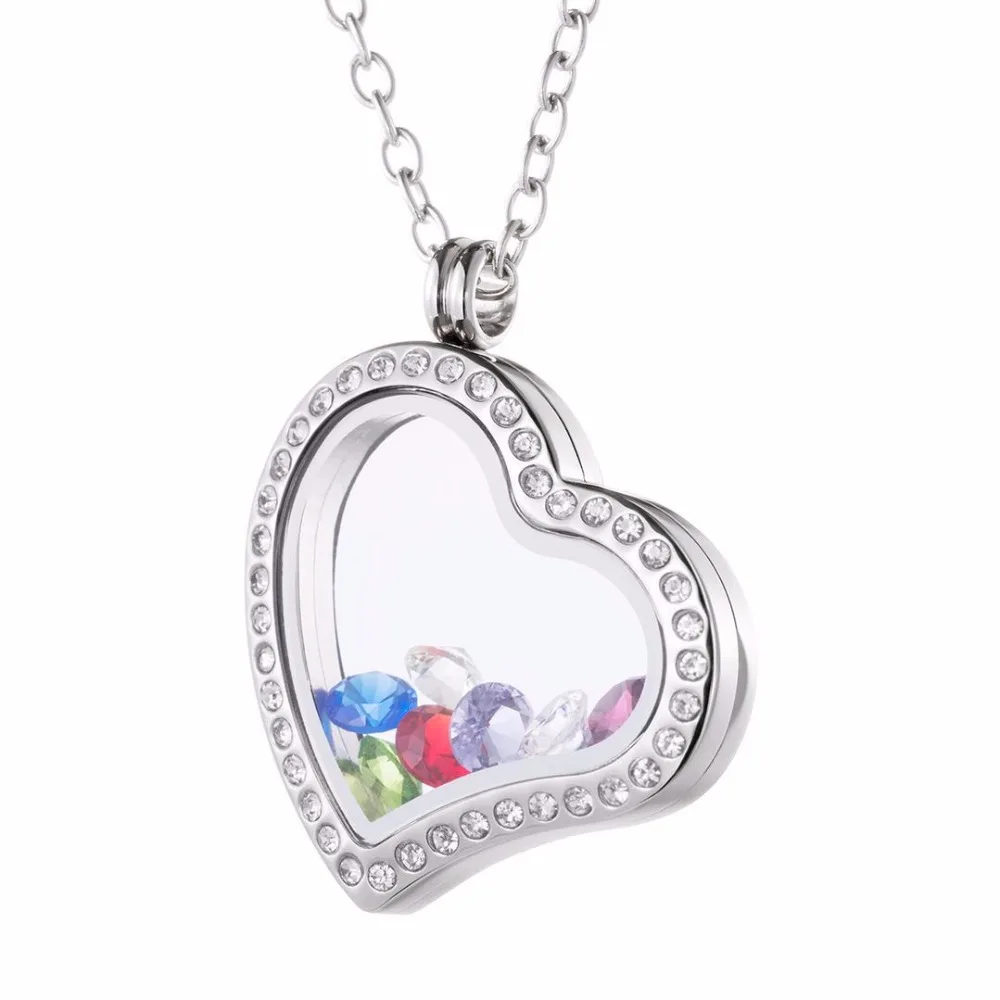 

LK4601 Fashion Stainless Steel Plain Crystal Heart Living Floating Memory Locket with 50cm Necklace Floating Locket Charms