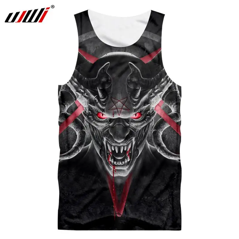 

UJWI New Arrival Men Casual Tank Top Print Red Eyes Horn Skull 3D Vest Man Bodybuilding Fitness Sleeveless Undershirts Waistcoat