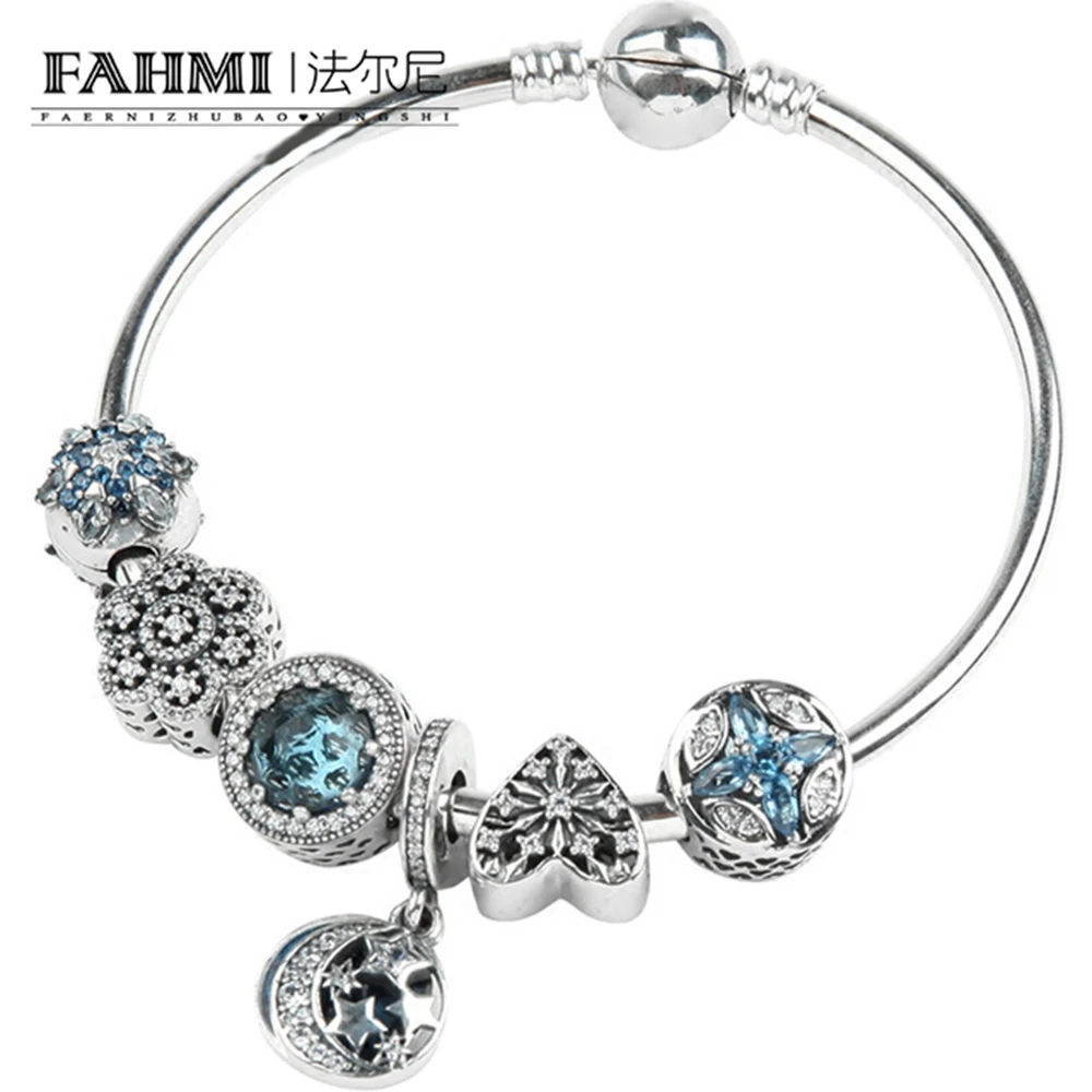 

FAHMI 100% 925 Sterling Silver Brand New 1:1 Genuine Ocean Heart Charm Bracelet Fairytale Star Lady Bracelet Set