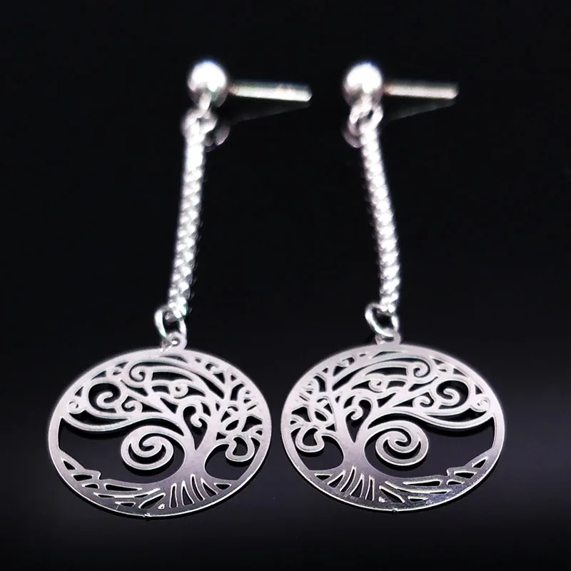 

2019 Boho Stainless Steel Earrings Women Long Silver Color Tree of Life Stud Earrings Jewelry boucle doreille pour femme E612684