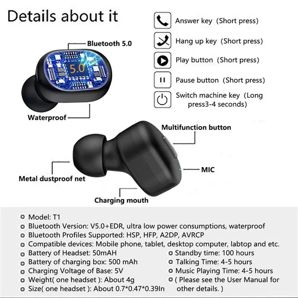 Мини T1 TWS V5.0 Bluetooth наушники 3D настоящие беспроводные стерео с микрофоном