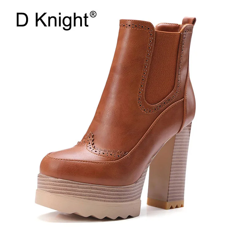 

D Knight Boots Women High PU Leather Platform Shoes Zip Ankle Boots For Women Chunky Heel Pumps Vintage High Heels Shoes Size 11