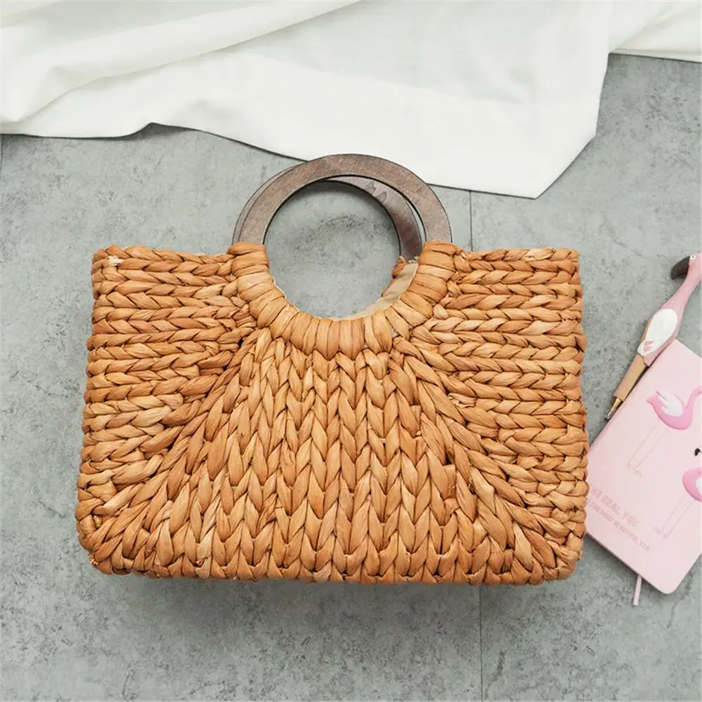 

Women Beach Bag Hansenne Retro Handbag Fashionable Square Straw Weaving Bags Wooden Handle Corn Leather Large Capacity Female