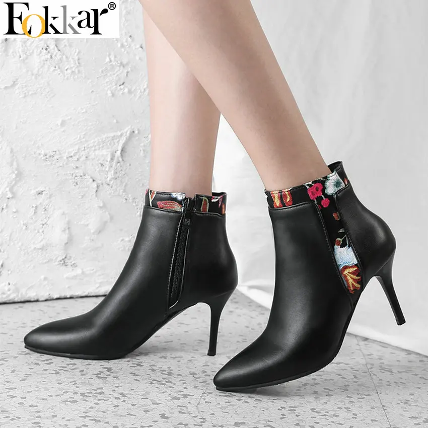 

Eokkar 2020 Women Ankle Boots Thin High Heel Pointed Toe Pu Leather Winter Boots Elegant Women Shoes Ladies Boots Big Size 34-43