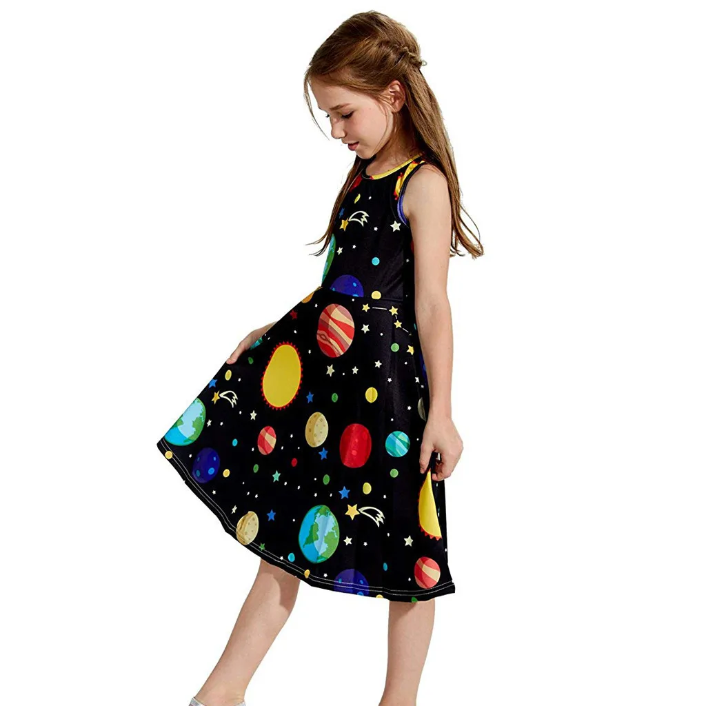 

Fashsiualy Girls Summer Party Print Dress Youth Teen Kids Girl Sleeveless Planets Print School Party Sundress Dress Clothes