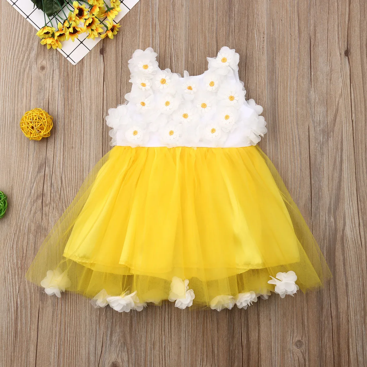 

Pudcoco Flower Girl Kids Sleeveless Dress Wedding Birthday Pageant Chiffon Sunflower Petals Bow Knot Dresses