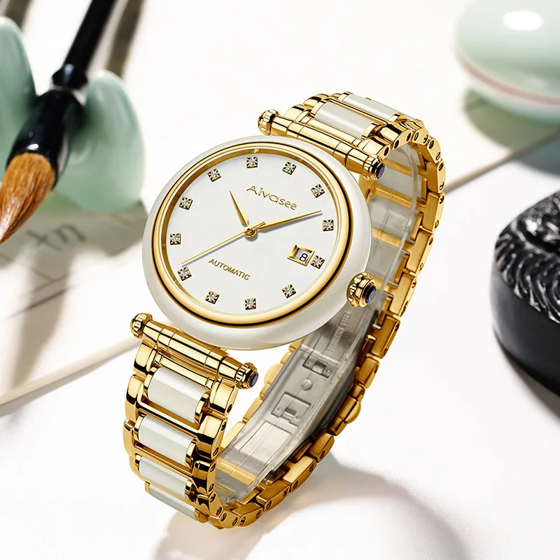 Лидирующий бренд, женские модные часы из натурального нефрита, автоматические женские механические часы, полые женские модели, Reloj Mujer