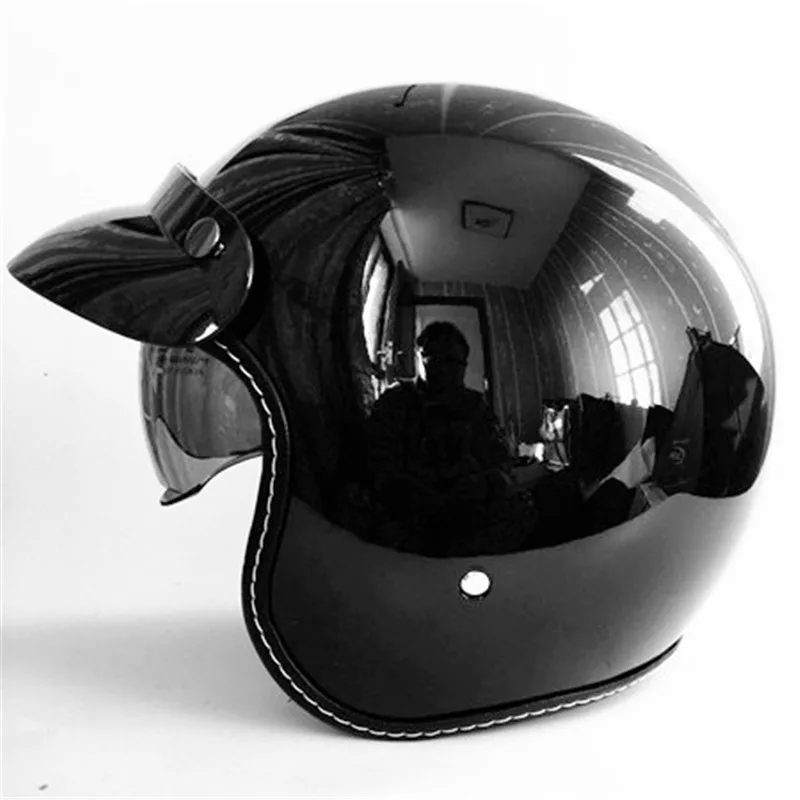 Открытый мотоциклетный шлем с объективом, 3/4 ретро кафе шлем для гонщика, винтажный блестящий серебристый каск, Крузер скутер реактивный Чоппер пилот - Цвет: Gloss black