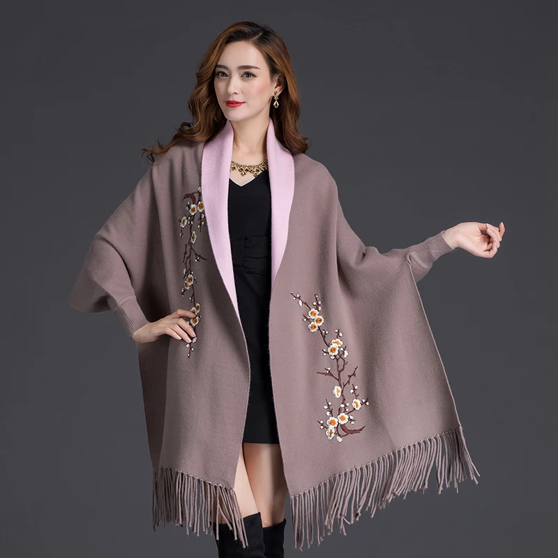 

Autumn winter can wear shawl scarf dual-use embroidery with sleeves wool cashmere thick tassel cloak female