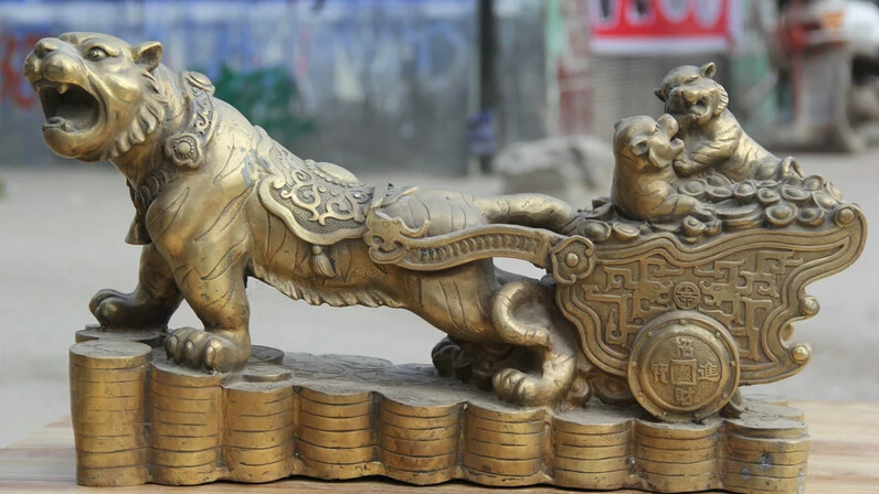 

JP S0524 23" Big Chinese Brass three Tiger pull Wealth Money carriage Statue sculpture