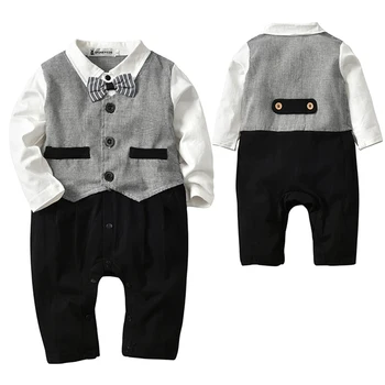 

Boys Jumpsuit Long Sleeve Butterfly Bow Tie Gentleman Gray Fake Two-piece Suit Jumpsuit Long-sleeved Newborn Birthday Dress