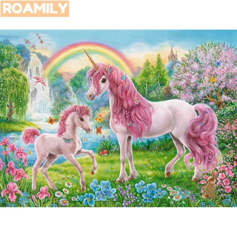 Алмазная 5d живопись ROAMILY единорог Мультяшные животные розовые единороги радуга