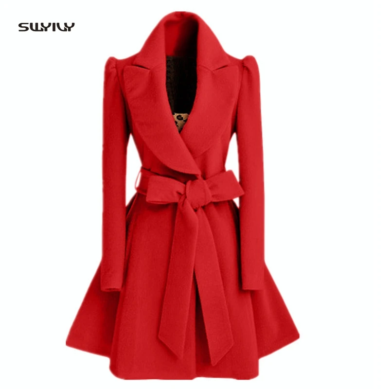 

SWYIVY Women's Wool Long Coat Female Winter Coat Elegant Woman Coats 2019 Outwear Casual Slim Belt Jacket Woolen Coat Ladies