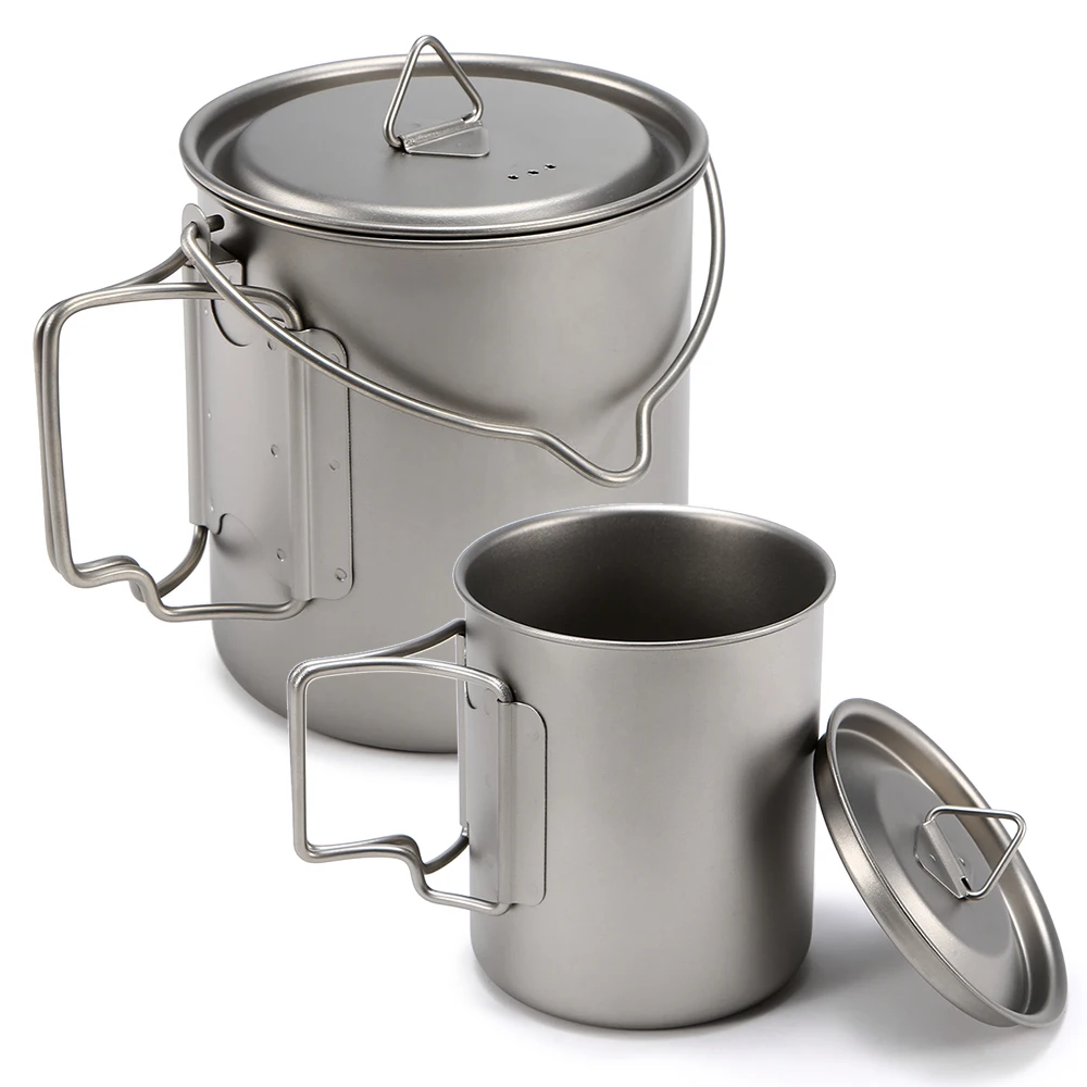 

#Ultralight Titanium Cup Hanging Pot Set Outdoor Camping Picnic Portable Water Cup Foldable Handle 450ml+750ml / 400ml+750ml