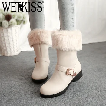 

WETKISS Keep Warm Women Snow Boots Platform Chunky Heel Winter Boots Plush Belt Buckle Snow Shoes Non Slip Lady Thermal Bootie