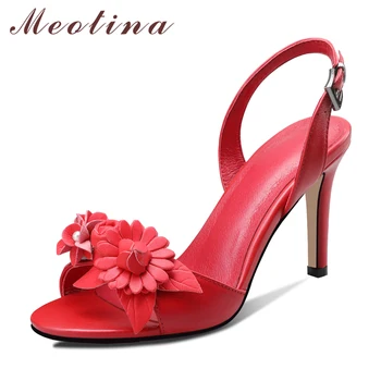 

Meotina Summer Sandals Women Shoes Natural Genuine Leather Flower Thin Heels Wedding Shoes Buckle Super High Heel Sandals Red 39