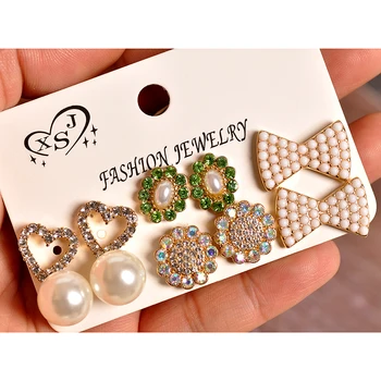 

New fashion women's jewelry wholesale girls' party pearl heart bow earrings beautiful mix-and-match 6 pairs /set earrings gift