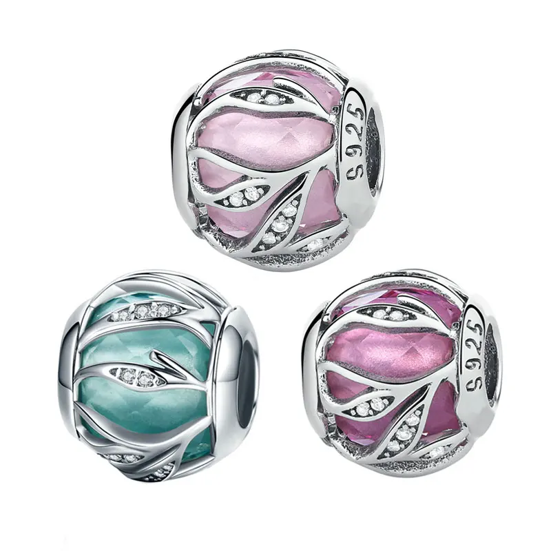 

Genuine 925 Sterling Silver Pink Nature's Radiance Sparkling Leaves Clear CZ Beads Fit BISAER Bracelet Fine Jewelry EDC059