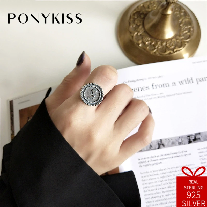 

PONYKISS Vintage 100% 925 Sterling Silver Adjustable Opening Chic Rose Carving Ring Fine Jewelry Women Party Fine Accessories