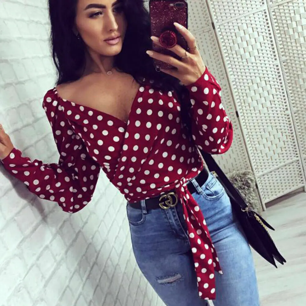 

Women Polka Dot V Neck Blouse Yellow Red Tops Summer Casual Women Girl Clothes Long Sleeve Bandage Loose Shirts