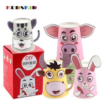 

12 PCs / set DIY children's creative Cute cartoon animal color paper cups handmade stickers kit