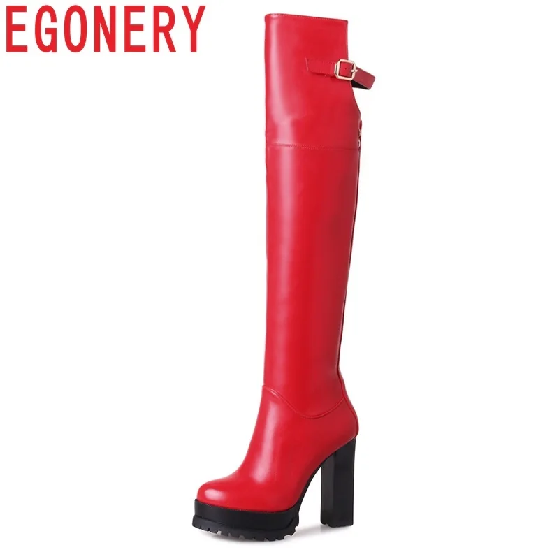 

EGONERY women shoes new hot sale pu fashion sexy super high square heel round toe zipper black and red over-the-knee boots