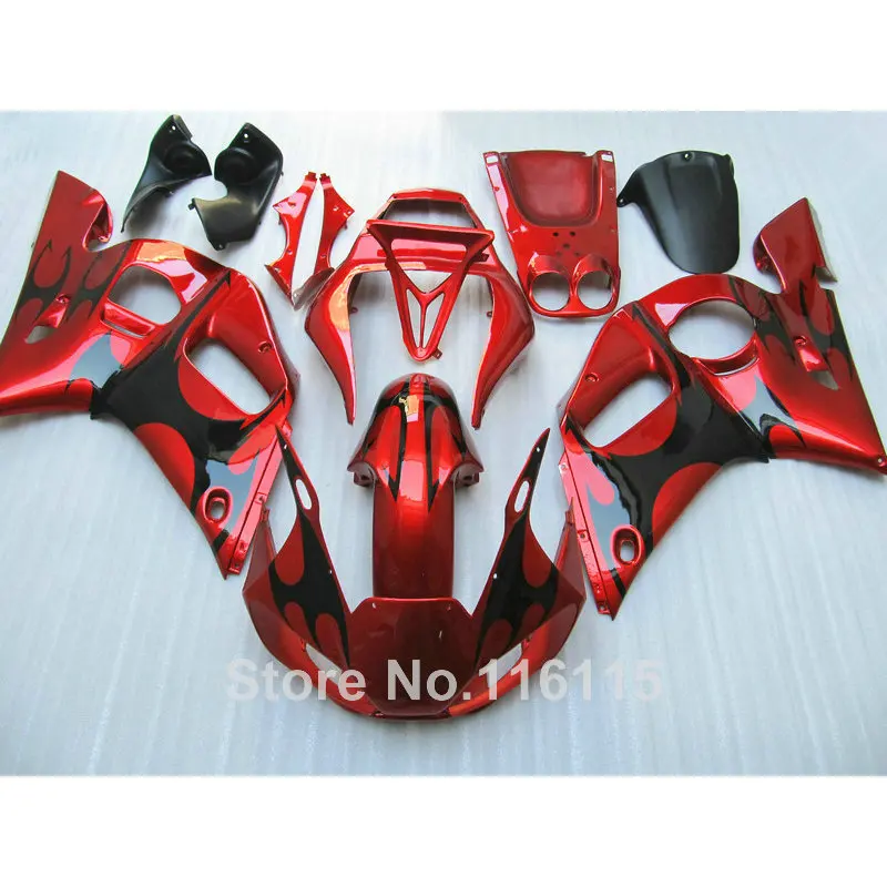 

HOT fairing kit for YAMAHA 1998 1999 2000 2001 2002 R6 YZF R6 98-02 black flames in red fairings set #3263
