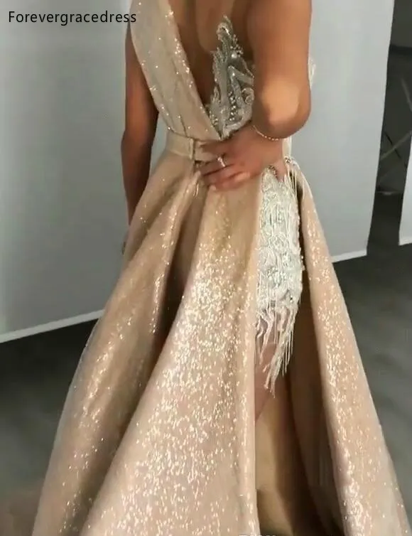 Champagne Evening Prom Dresses With Detachable Skirt Sexy Backless Sheath Cocktail Pageant Gowns Lace Beaded Vesidos Arabic BC0980  268 (6)