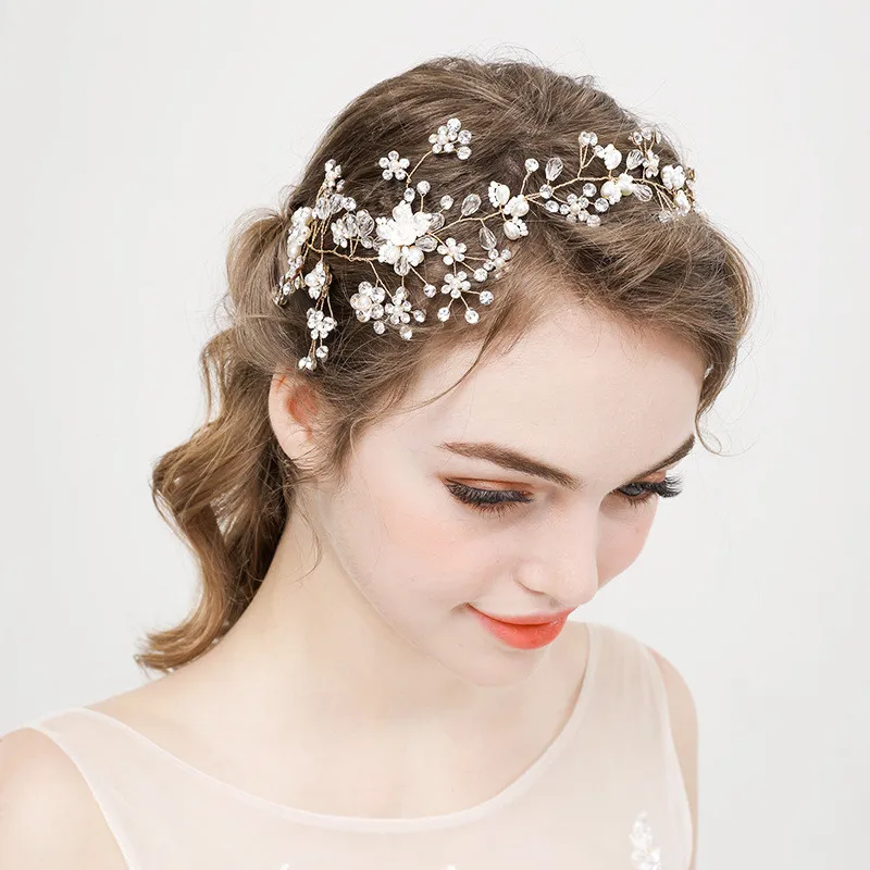 SLBRIDAL ручной работы проводной горный хрусталь кристалл жемчуг свадебное украшение на голову свадебные волосы лоза аксессуары для волос подружки невесты женские украшения