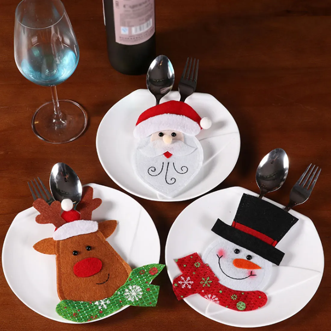 

3 Styles Christmas Decorations Silverware Holders Santa Clause Snowman Elk For Knife Pockets Dinner Table Decor Home Decoration