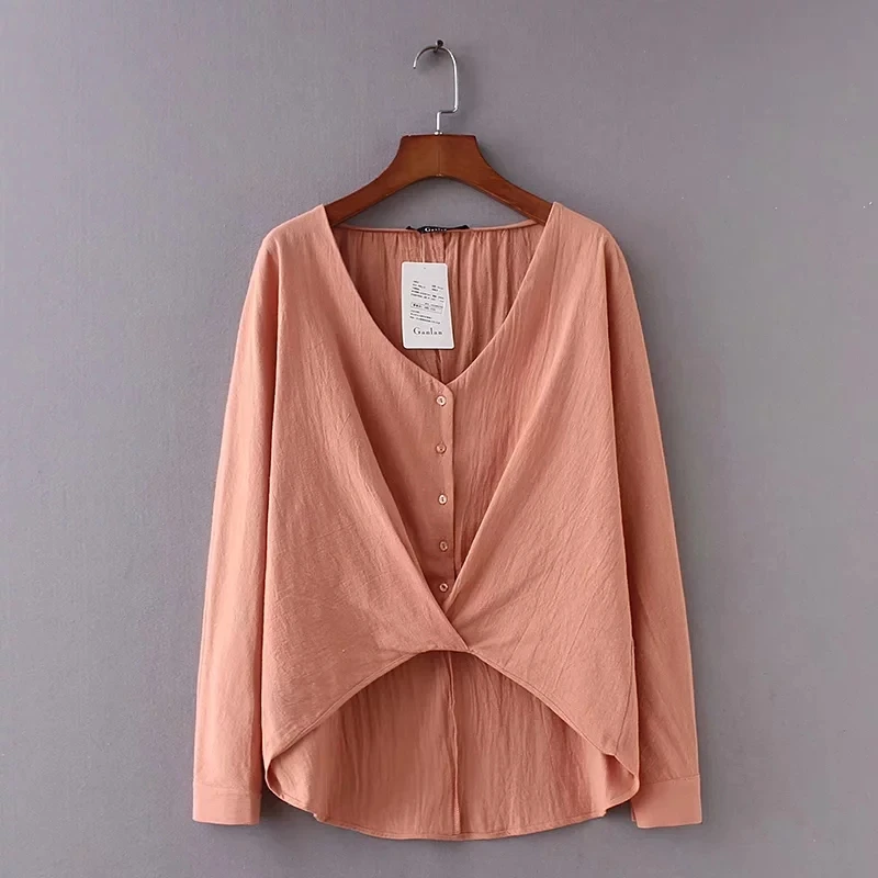

v neck pleated design loose smock women long sleeve blouses casual lady simple shirt fashion tops streetwear chemise S5183