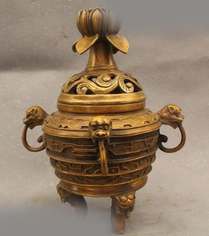 

12"China Chinese Dynasty Palace Bronze Lotus Flower Animal Incense Burner Censer