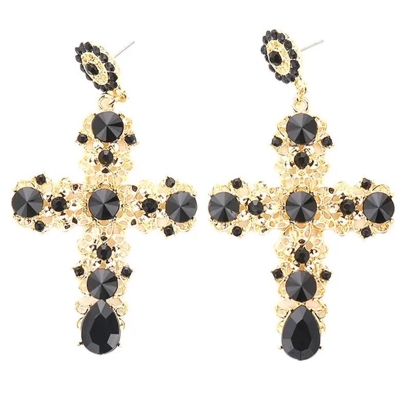 Vintage Black Crystal Cross Drop Earrings for Women Baroque Bohemian