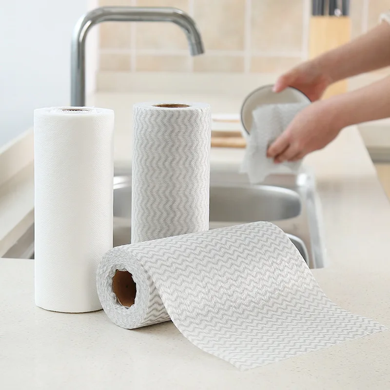 50 Pcs/Roll Disposable Kitchen Microfiber Cleaning Cloth Household Striped No-oil SuperAbsorbent Dishwashing Wiping Scouring Pad