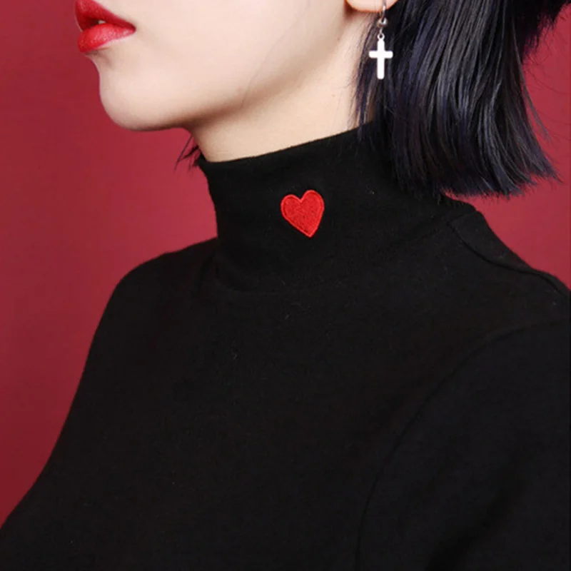 

Women Tops 2019 Winter Japanese Vintage Lolita Red Heart Embroidery Turtleneck Long Sleeve T-Shirt 10 Colors Black White T155
