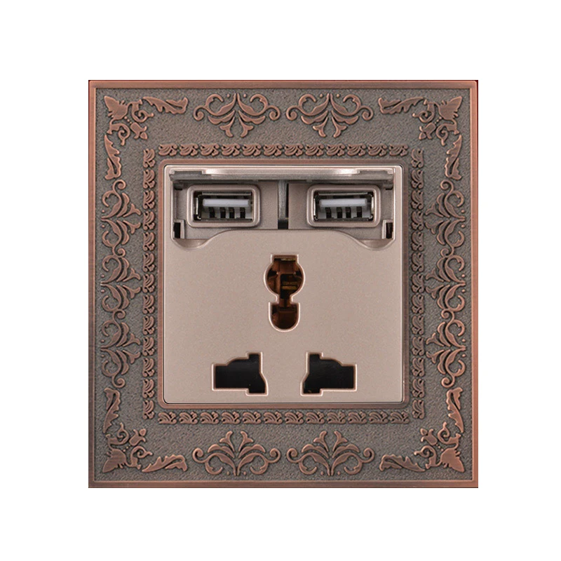 

Coswall 4D Embossing Luxury Universal 3 hole Power Wall Socket With Dual USB Charging Port For Mobile Retro Zinc Alloy Panel