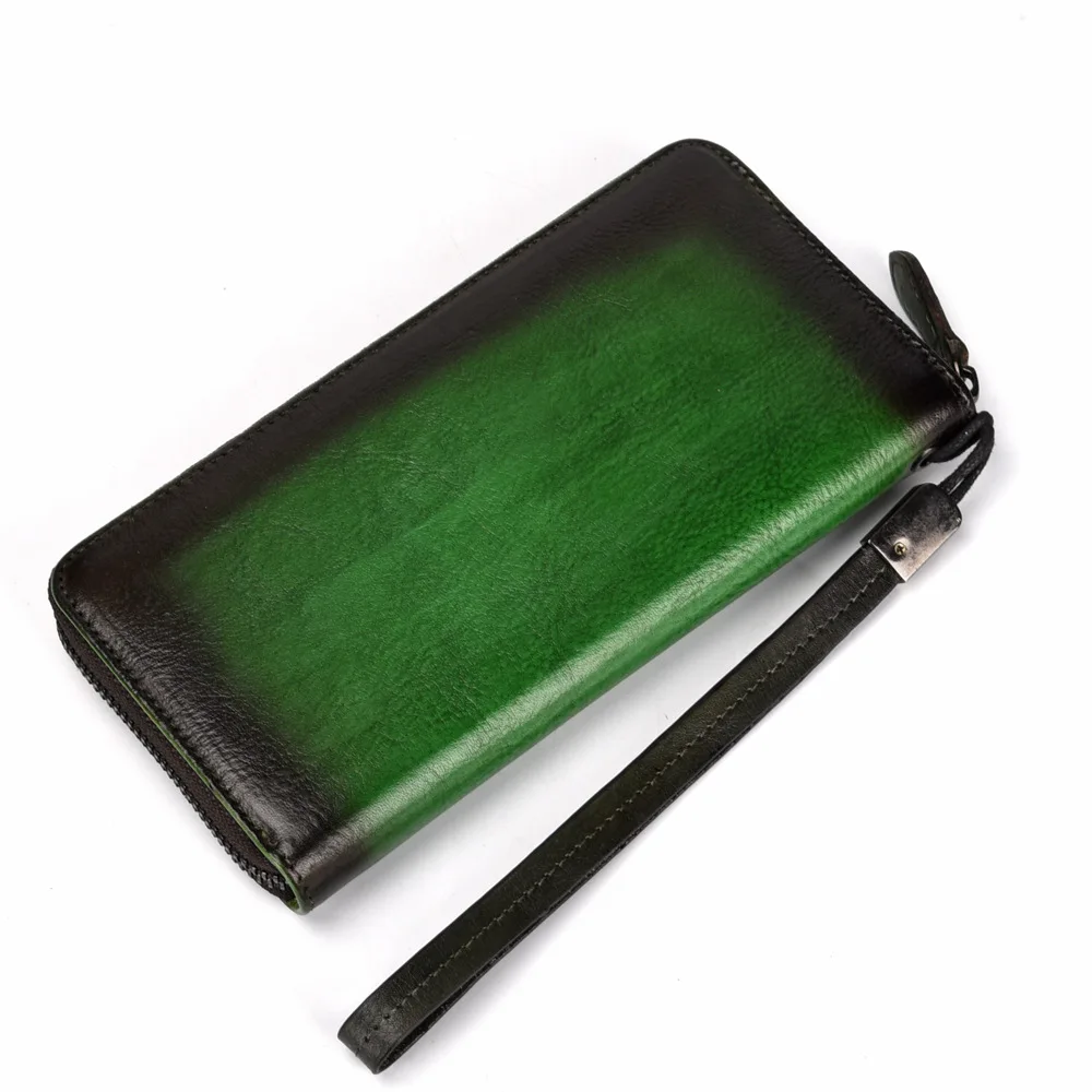 Genuine Leather Wrist Long Wallet ID/Credit Cards Multi-Capacity Retro Leisure High Quality Real Cowhide Women Clutch Handy Purs - Цвет: Green