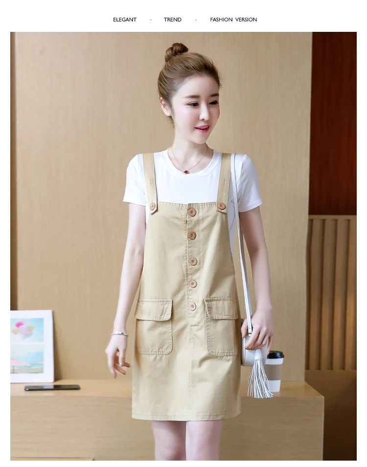 

P Ammy Two Piece Preppy Style Strap Dresses + T-shirt 2019 Slim Casual Pocket vestidos