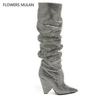 

New Bling Crystal Embellished Women Knee High boots Spike Heels Pleated Glittering Stage Tall Boots Pointed Toe Sexy Runway Boot