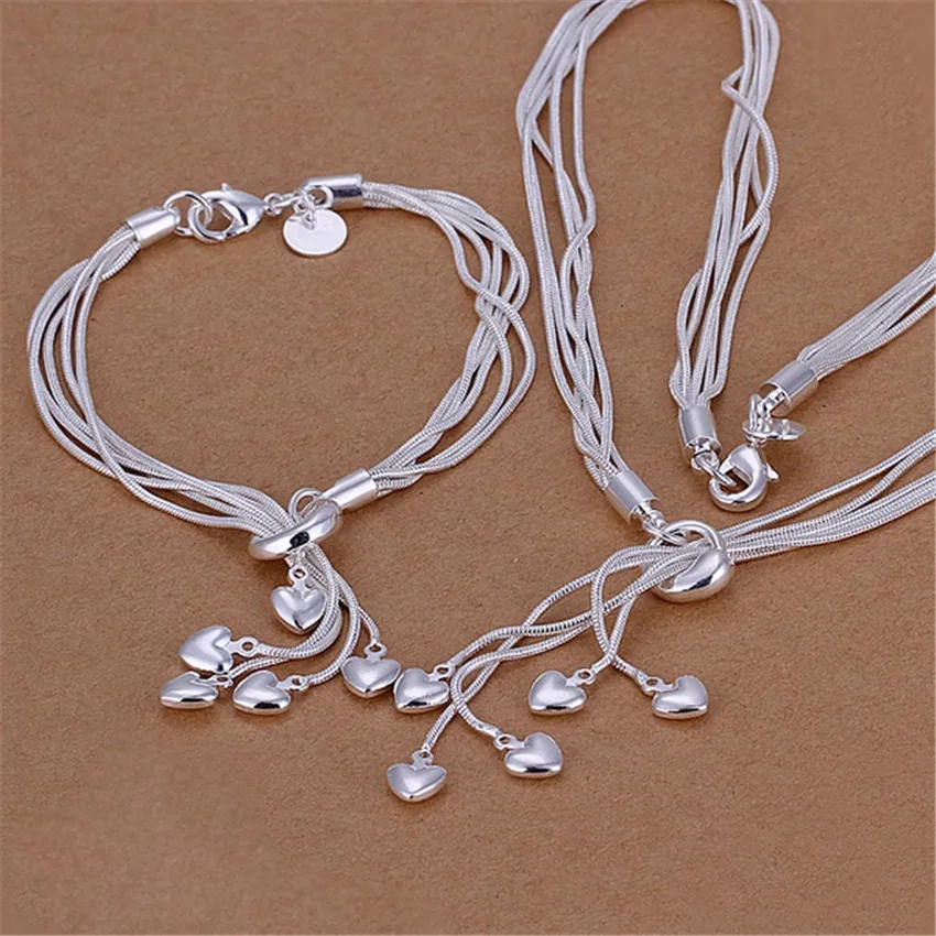 

925 Christmas gift silver plated fashion elegant for women classic heart lovely gift necklace bracelet jewelry Set S009
