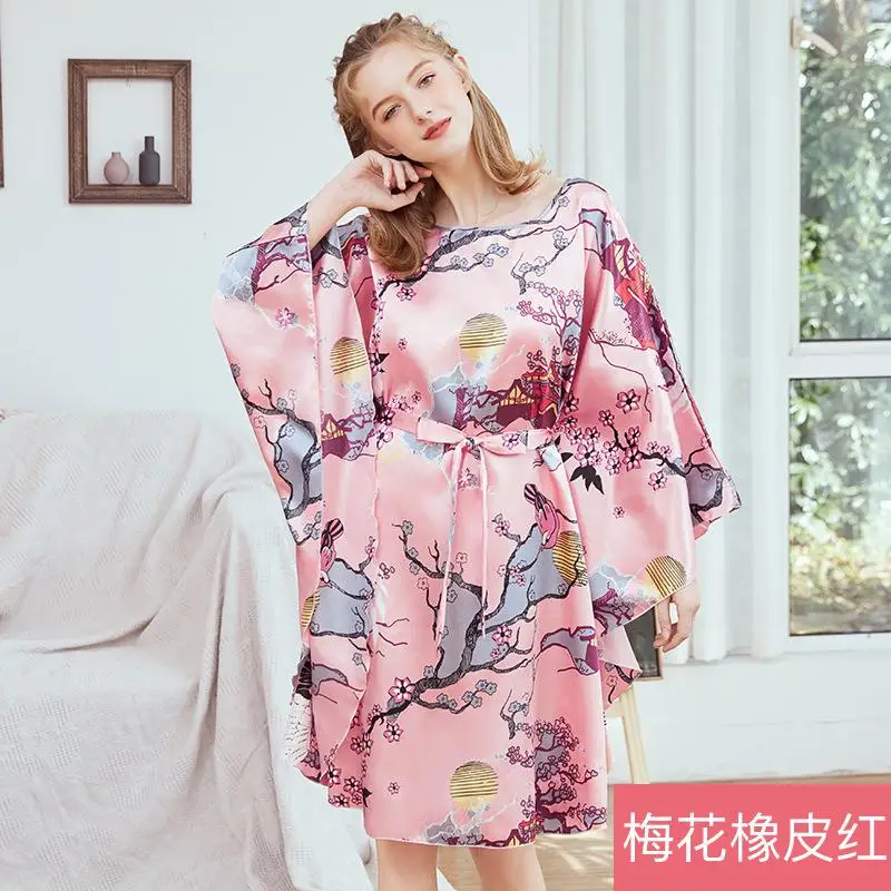 Plus Size Ladies summer Faux Silk Bath Robe Women Rayon Night Gown Round Collar Nightgown Home Wear Nightwear Pijama Mujer - Цвет: C - 3